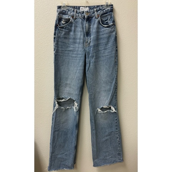Zara Denim - ZARA Womens Wide Leg Jeans Blue Denim High Rise Distressed Ripped Knee  Trendy 4